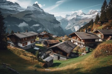 Fototapeta premium Some wooden houses in the middle of a big mountain