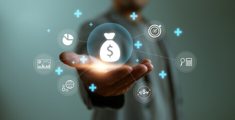 Businessman or trader showing icon of business and finance, Investment concept, invest money, business and finance, capital fundraising, dollar loan credit, trade, trader, invest in trading.