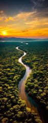 Tropical river flow through the jungle forest at sunset or sunrise. Amazon river flowing in rainforest.