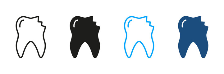 Dental Medical Problem, Chipped Tooth Pictogram. Damaged Enamel Sign. Dentistry Black and Color Symbol Collection. Broken Cracked Teeth Silhouette and Line Icons Set. Isolated Vector Illustration