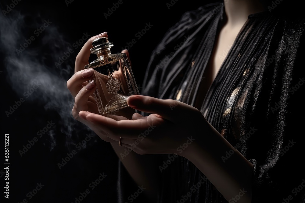 Wall mural a girl standing in front of a black background with perfume in her hand