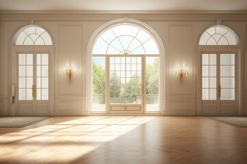 A room with arched windows that allow warm natural light to flood in, illuminating the wooden floor and walls adorned with intricate molding and fixtures, creating a timeless and inviting atmosphere