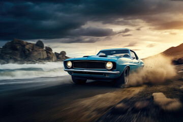 A classic sports car driving on the road, AI generated