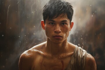 A barechested man with wet skin stands powerfully in a portrait, his muscles glistening in the light, as if beckoning the viewer to come and explore the depths of his humanness