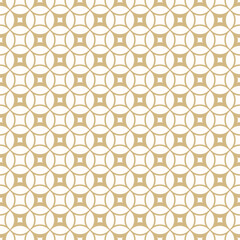 Vector golden geometric seamless pattern with rounded grid, net, mesh, lattice, circles, curved lines. Simple abstract gold and white background. Luxury minimal ornament texture. Repeat geo design