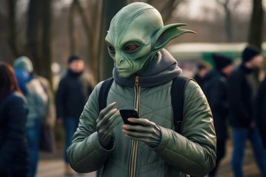 A mysterious man wearing a green alien mask and a jacket stands in the street, his phone in hand, ready to take on whatever the world throws at him