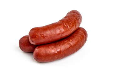 Smoked bratwurst sausages, isolated on white background.