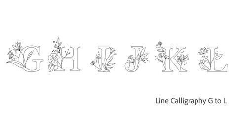 Floral Alphabet Capital letter G to L. Floral Calligraphy. Line icon typography collection. 