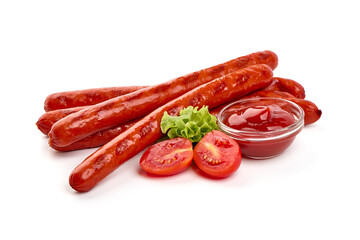 Grilled thin sausages bbq, close-up, isolated on white background.