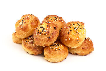 Fresh homemade buns with cottage cheese, close-up, isolated on white background.