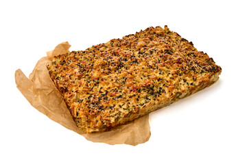 Cabbage casserole, freshly baked pie, isolated on white background. High resolution image.