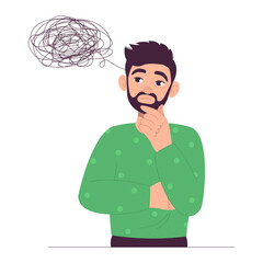 Man thought. Confused thoughts. Problems. Overthinking. Vector graphic.