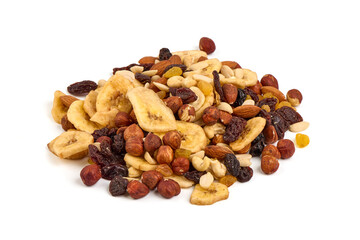 Mixed Nuts with raisins, isolated on white background.
