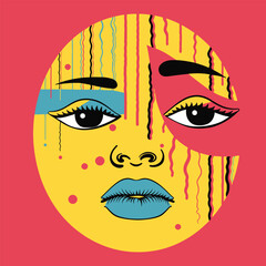 Whimsical colourful doodle face on red background