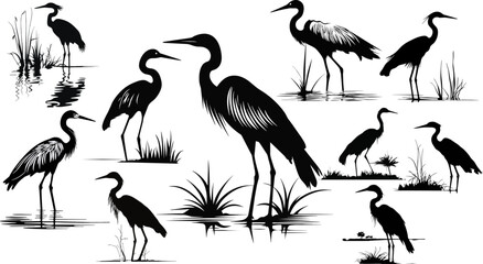 Set of ten heron silhouettes.