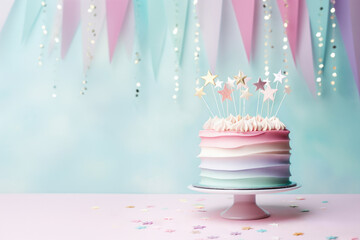 Beautiful pastel rainbow birthday cake with bunting background