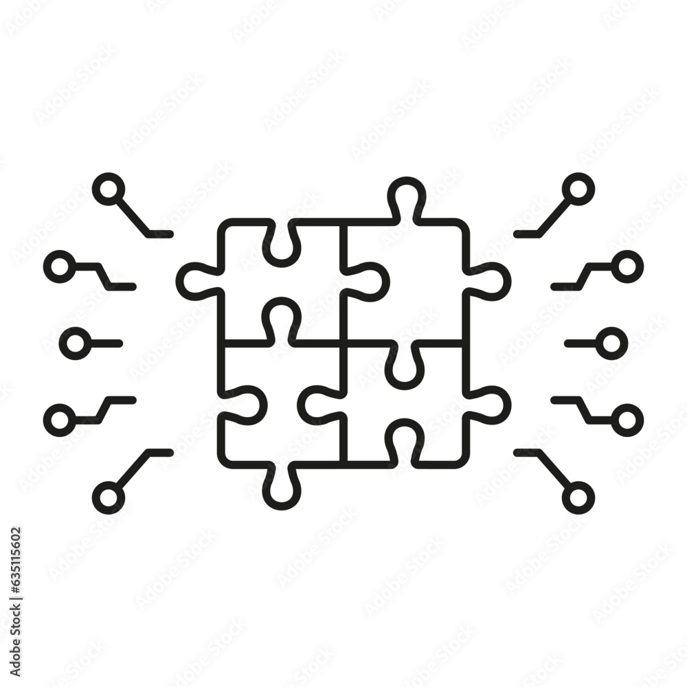 Poster digital square jigsaw linear pictogram. puzzle challenge, teamwork, logic game, idea outline sign. c