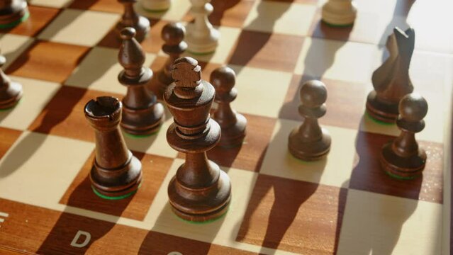 Long castling of the black chess king and rook during the game, stop motion