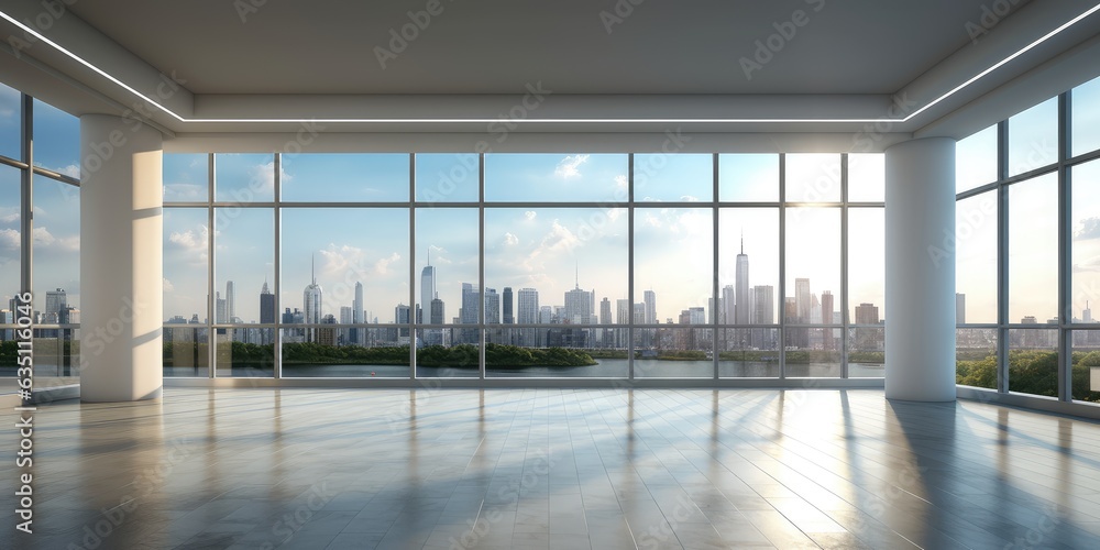 Poster empty interior view of modern metropolis through the window