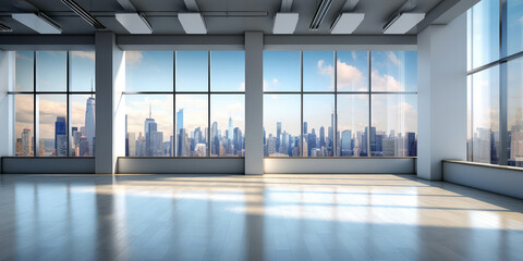 Empty interior view of modern metropolis through the window