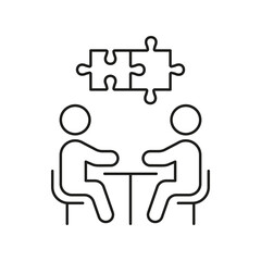 Business Management Line Icon. Puzzle and People Team on Meeting Linear Pictogram. Teamwork Cooperation and Connection Outline Sign. Editable Stroke. Isolated Vector Illustration