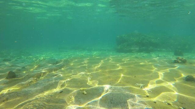 swim in a tide pool with oyster on the rock and dead coral fraction in pieces and stone on the bottom with shining from sunlight hue ray reflection light during day in Xiyupingyu Penghu Taiwan Asia