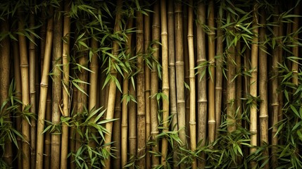 Bamboo wall background, Bamboo wall with green bamboo leaves.