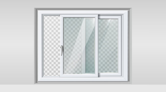 3d realistic vector icon illustration. White frame plastic frame sliding window in the wall.