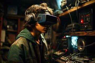 Boy wearing virtual reality headset. VR goggles innovation technology. Generative AI