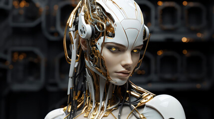 Cyber robot, female with artificial intelligence (AI), female cyborg, 3D graphic in real environment, Science-Fiction, face mask close-up, future,- AI-generated