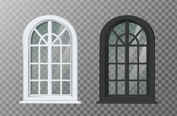 3d realistic vector icon illustration. Old mansion arch window frames in black and white.