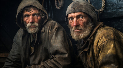 Professional sea fishermen aboard a fishing vessel, their weathered faces showing the marks of years spent at sea 