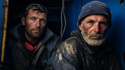 Fototapeta premium Professional sea fishermen aboard a fishing vessel, their weathered faces showing the marks of years spent at sea 