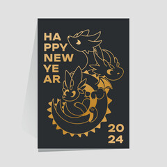 Flat style illustration for new year 2024. Golden dragon on black background. Chinese new year. New Year concept. Symbol of 2024 year.