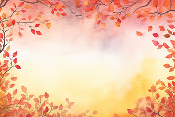 Obraz na płótnie Canvas Autumn leaves background with a copy space. Watercolor illustration created with Generative Ai technology