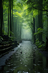 Foggy and rainy, bamboo forest. AI generative