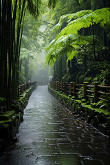 Foggy and rainy, bamboo forest. AI generative