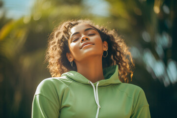 Fototapeta premium A smiling young woman walking in the forest in the morning