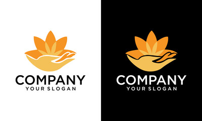 lotus flowers logo design with hand. vector icon Illustration