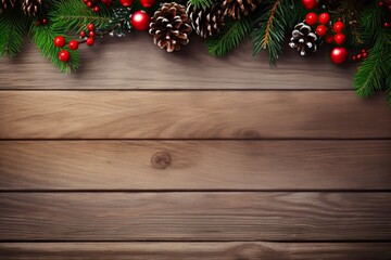 Fototapeta na wymiar Merry Christmas Handwriting Text with Evergreen Branches and Berries on Rustic Wooden Background - Happy Holiday Message. Generative AI