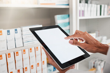 Person, pharmacist and hands with tablet mockup for inventory inspection or checking stock at pharmacy. Closeup of medical or healthcare worker with technology app display or screen in pharmaceutical