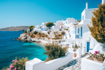 Naklejka premium Old cycladic Greek village by the sea, with white houses and blue sea