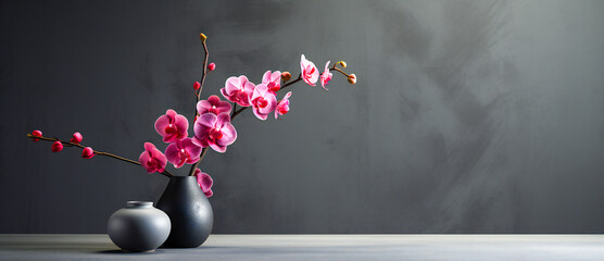 Blooming pink orchid against a dark wall. Simple elegant floral arrangement.