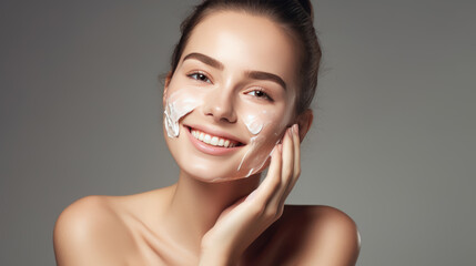 Close up beauty portrait of a laughing beautiful half naked woman applying face cream isolated over grey background. Created with Generative AI technology.