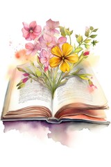 open book from which flowers grow, Watercolor illustration, isolated on a white