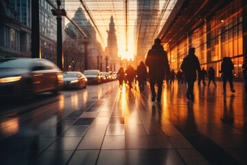 City rush hour with people and bokeh light blur background. Generative AI