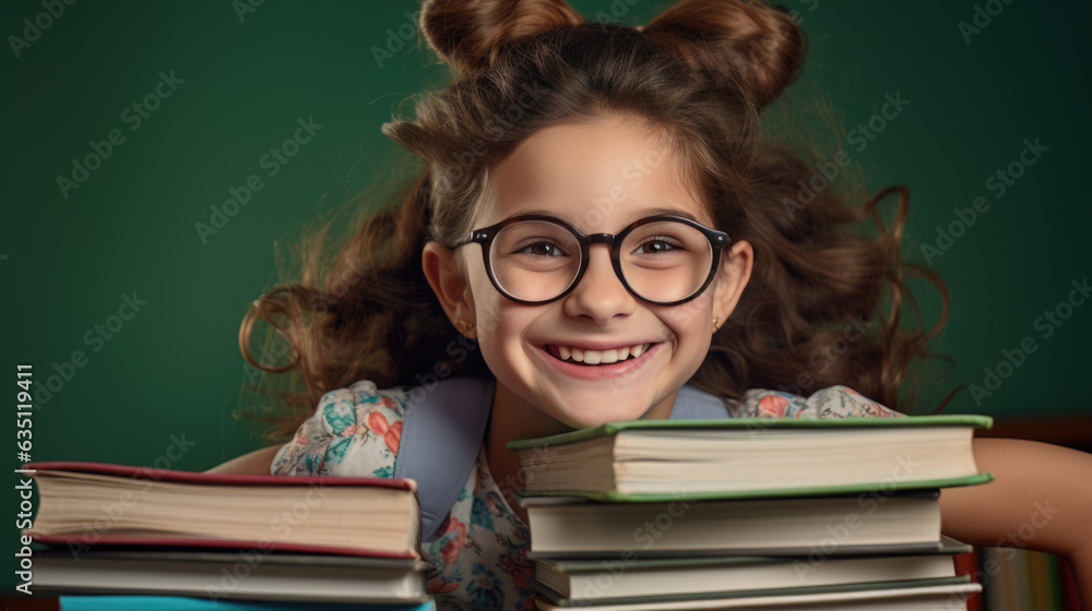 Sticker little girl surrounded by books and smiles on dark green background. created with generative ai tech