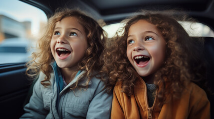 Two happy girls laughing in the backseat of a car while traveling. Created with Generative AI technology.