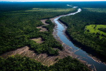 Fototapeta na wymiar Aerial view of a river with tree trunks cut on the shore as a result of deforestation of the rainforest. Environment and nature conservation, climate change concept