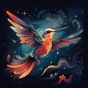 A Draw a single hummingbird fliying alone in the night, Generative AI.	